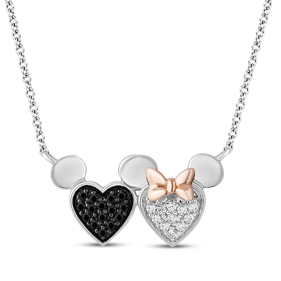 Disney Treasures Mickey & Minnie Mouse Diamond Heart Necklace 1/5 ct tw Sterling Silver & 14K Rose Gold Plating 18"
