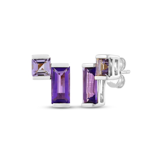 Baguette & Square-Cut Amethyst Stud Earrings Sterling Silver