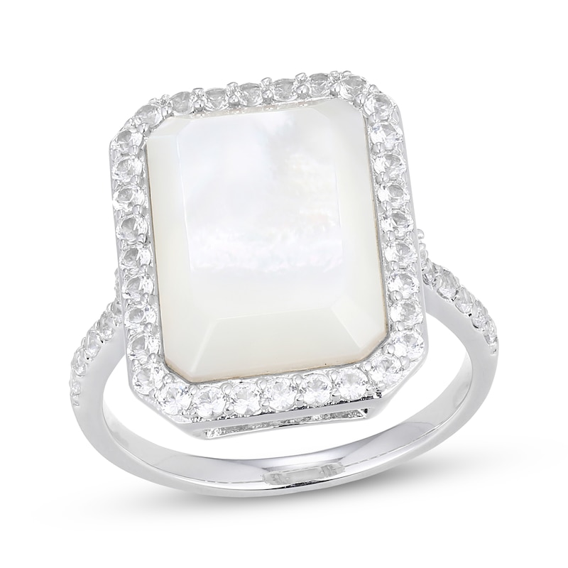 Main Image 1 of Emerald-Cut Mother-of-Pearl & White Lab-Created Sapphire Halo Ring Sterling Silver