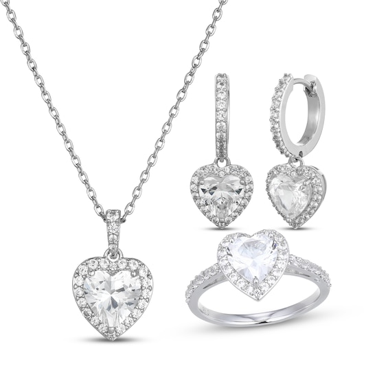 Heart-Shaped White Lab-Created Sapphire Halo Gift Set Sterling Silver