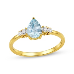 KAY Lab-Grown Diamonds Pear-Shaped Aquamarine Birthstone Ring 1/10 ct tw 10K Yellow Gold