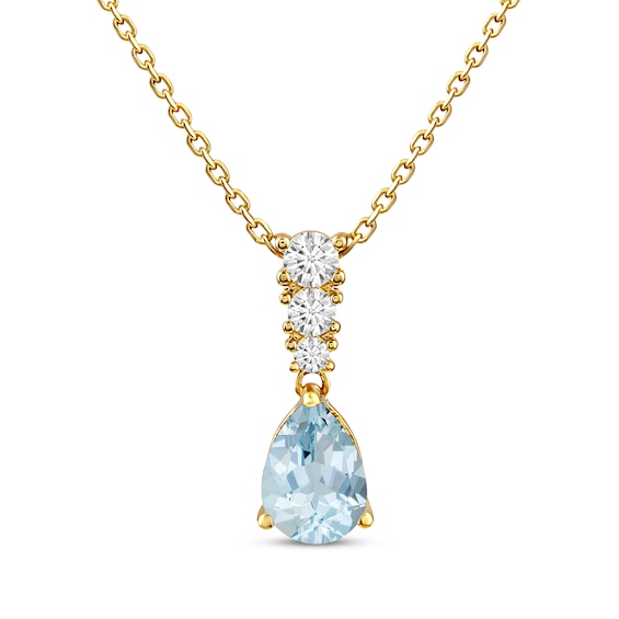 KAY Lab-Grown Diamonds Pear-Shaped Aquamarine Birthstone Necklace 1/10 ct tw 10K Yellow Gold 18"