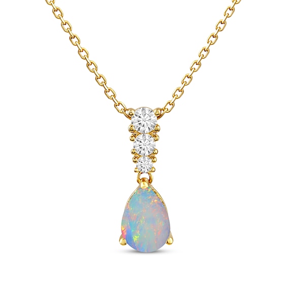 KAY Lab-Grown Diamonds Pear-Shaped Lab-Created Opal Birthstone Necklace 1/10 ct tw 10K Yellow Gold 18"