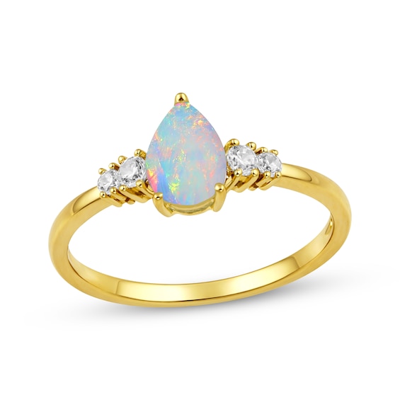 KAY Lab-Grown Diamonds Pear-Shaped Lab-Created Opal Birthstone Ring 1/10 ct tw 10K Yellow Gold