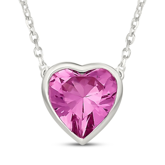 Heart-Shaped Pink Lab-Created Sapphire Solitaire Necklace Sterling Silver 18"