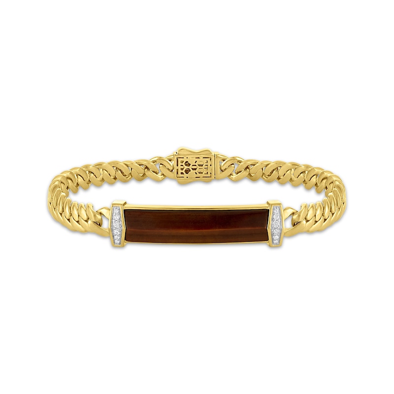Main Image 1 of KAY Lab-Grown Diamonds Men's Tiger's Eye ID Bracelet 1/6 ct tw 14K Yellow Gold-Plated Sterling Silver 8.5"