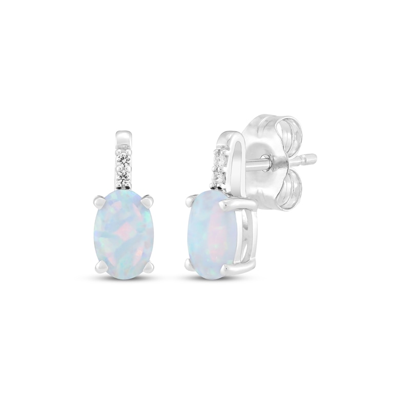 Main Image 1 of Oval-Cut Lab-Created Opal & White Lab-Created Sapphire Stud Earrings Sterling Silver
