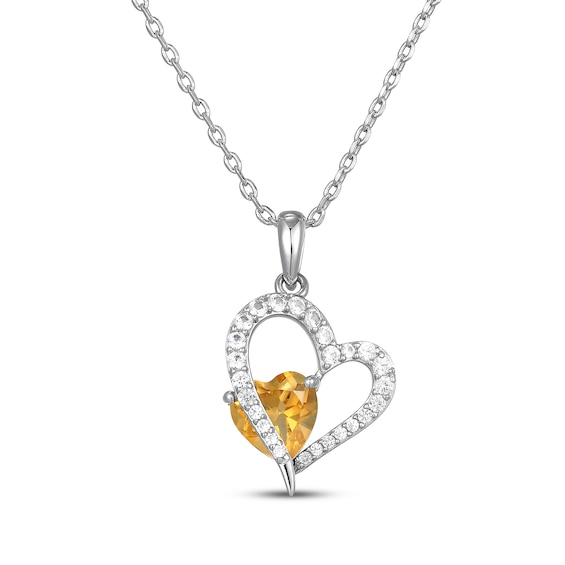 Heart-Shaped Natural Citrine & White Lab-Created Sapphire Heart Necklace Sterling Silver 18"
