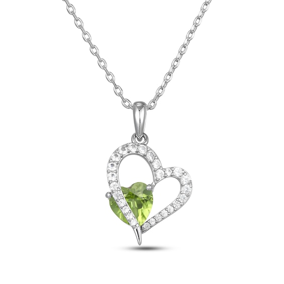 Heart-Shaped Natural Peridot & White Lab-Created Sapphire Heart Necklace Sterling Silver 18"