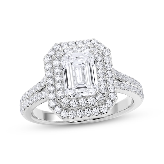 Now + Forever Lab-Grown Diamonds Certified Emerald-Cut Double Halo Engagement Ring 1-1/2 ct tw 14K White Gold