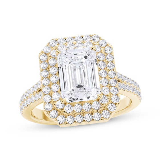 Now + Forever Lab-Grown Diamonds Certified Emerald-Cut Double Halo Engagement Ring 2-5/8 ct tw 14K Yellow Gold