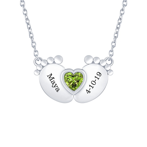 Birthstone Baby Feet Heart Necklace (1 Stone and 2 Lines)