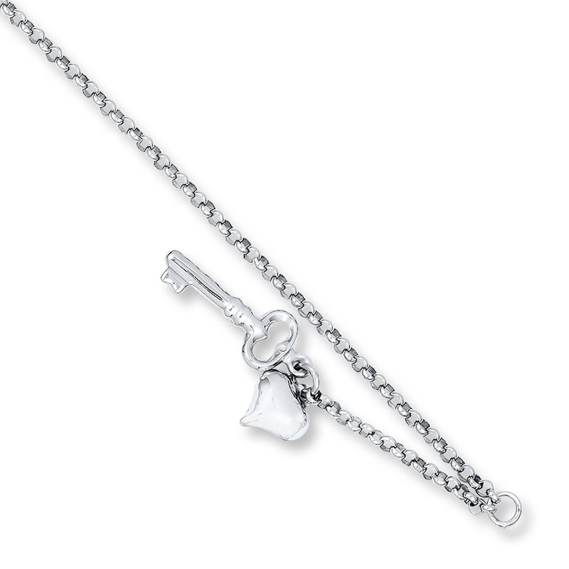 Heart & Key Anklet 14K White Gold 10"