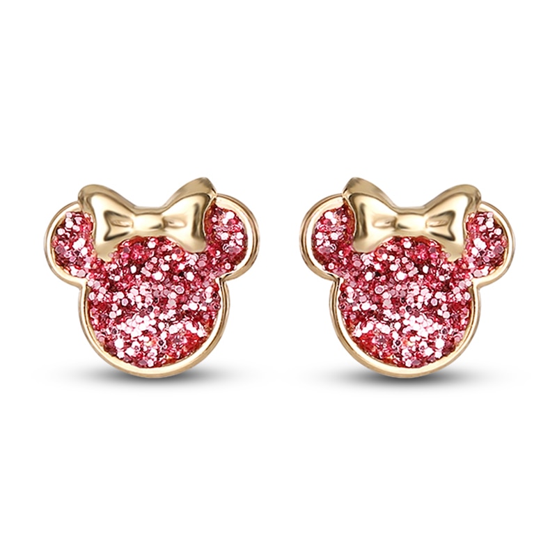 Main Image 1 of Children's Minnie Mouse Pink Glitter Stud Earrings 14K Yellow Gold
