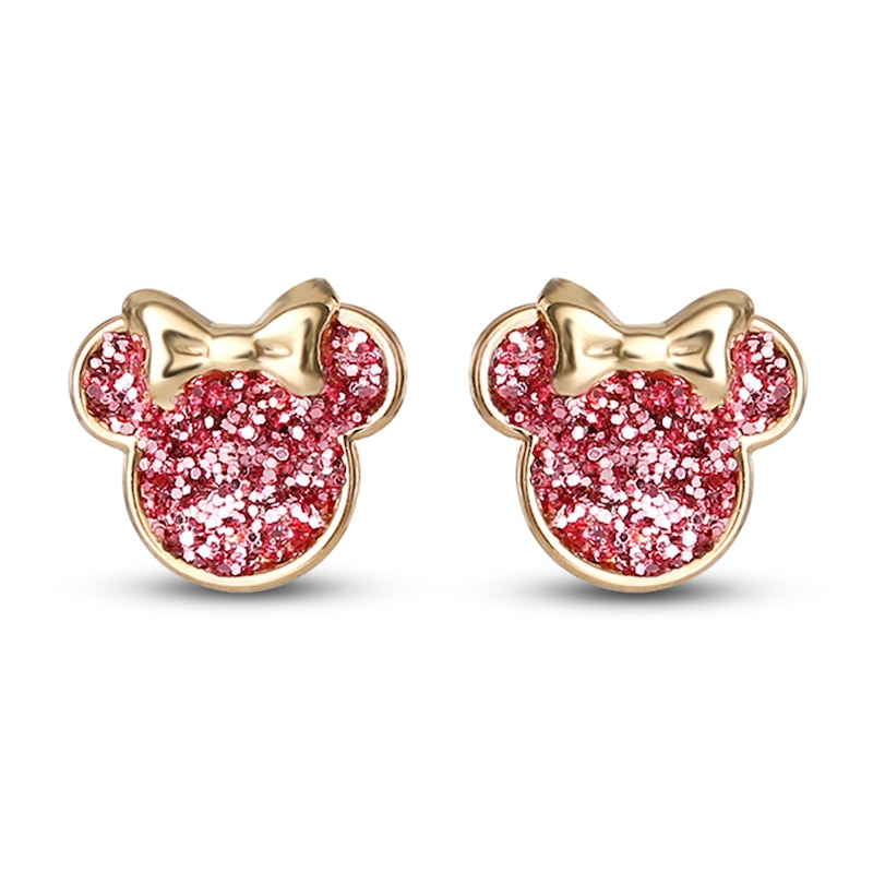 Children's Minnie Mouse Pink Glitter Stud Earrings 14K Yellow Gold