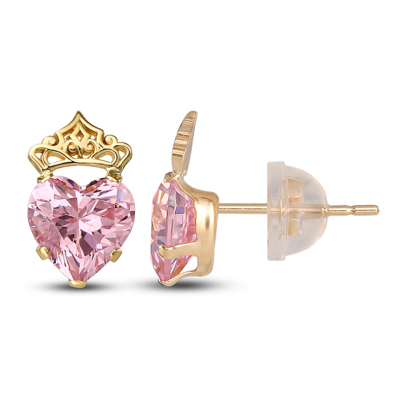 Main Image 1 of Children's Heart with Crown Pink Cubic Zirconia Stud Earrings 14K Yellow Gold