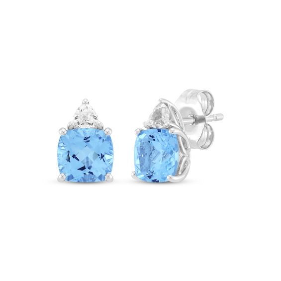 Cushion-Cut Swiss Blue Topaz & White Lab-Created Sapphire Stud Earrings Sterling Silver