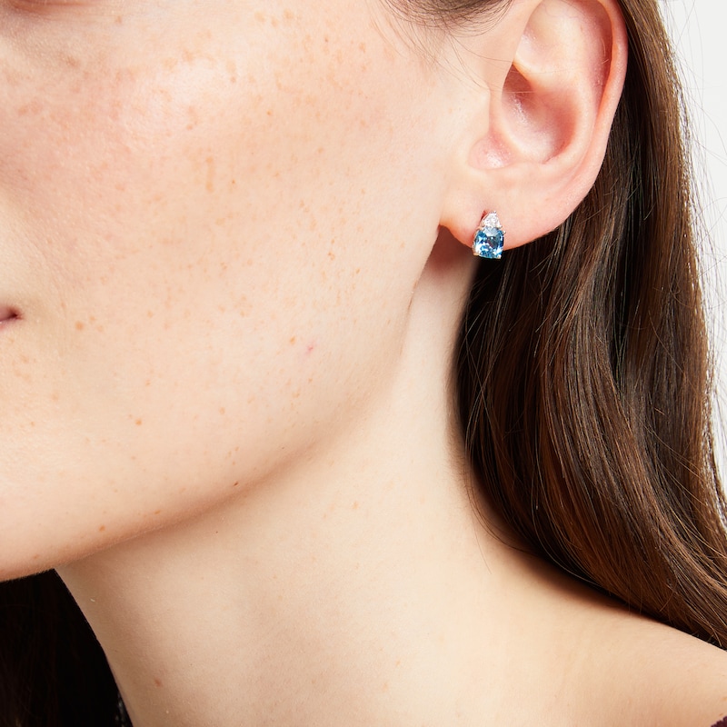 Main Image 4 of Cushion-Cut Swiss Blue Topaz & White Lab-Created Sapphire Stud Earrings Sterling Silver