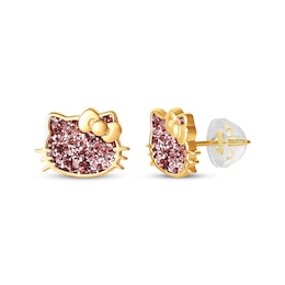 Children's Hello Kitty Pink Glitter Stud Earrings 14K Yellow Gold