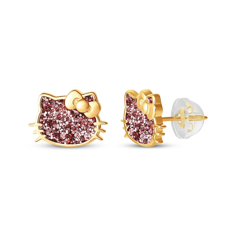 Main Image 1 of Children's Hello Kitty Pink Glitter Stud Earrings 14K Yellow Gold