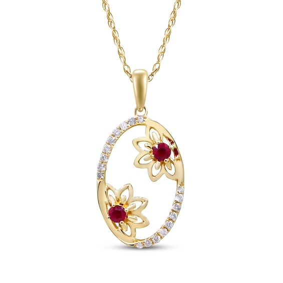 Ruby & Diamond Oval Frame Flower Necklace 1/10 ct tw 10K Yellow Gold 18"