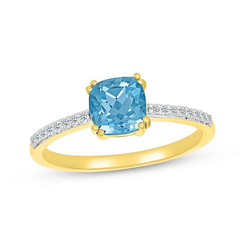 Main Image 1 of Cushion-Cut Natural Swiss Blue Topaz & Diamond Ring 1/15 ct tw 10K Yellow Gold