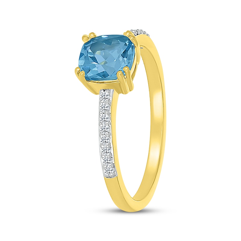 Main Image 2 of Cushion-Cut Natural Swiss Blue Topaz & Diamond Ring 1/15 ct tw 10K Yellow Gold