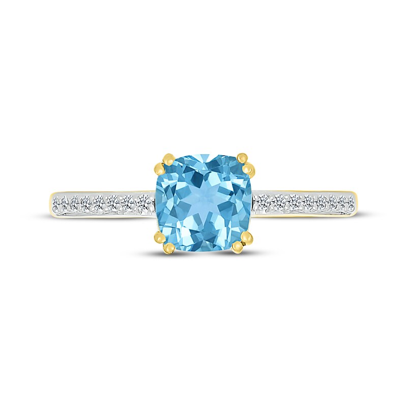 Main Image 4 of Cushion-Cut Natural Swiss Blue Topaz & Diamond Ring 1/15 ct tw 10K Yellow Gold