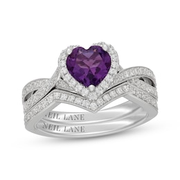Neil Lane Heart-Shaped Amethyst & Diamond Halo Bridal Set 1/2 ct tw 14K White Gold
