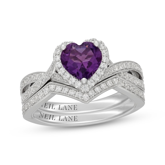 Neil Lane Heart-Shaped Amethyst & Diamond Halo Bridal Set 1/2 ct tw 14K White Gold
