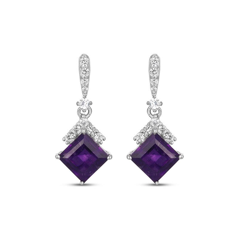 Main Image 2 of Square-Cut Amethyst & White Lab-Created Sapphire Drop Earrings Sterling Silver