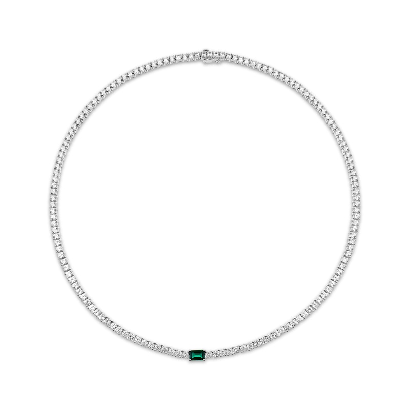 Main Image 1 of Emerald-Cut Lab-Created Emerald & White Lab-Created Sapphire Tennis Necklace Sterling Silver 17.50&quot;