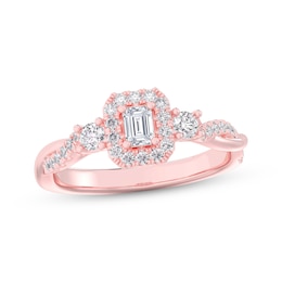 Now + Forever Emerald-Cut Diamond Halo Engagement Ring 1/2 ct tw 14K Rose Gold