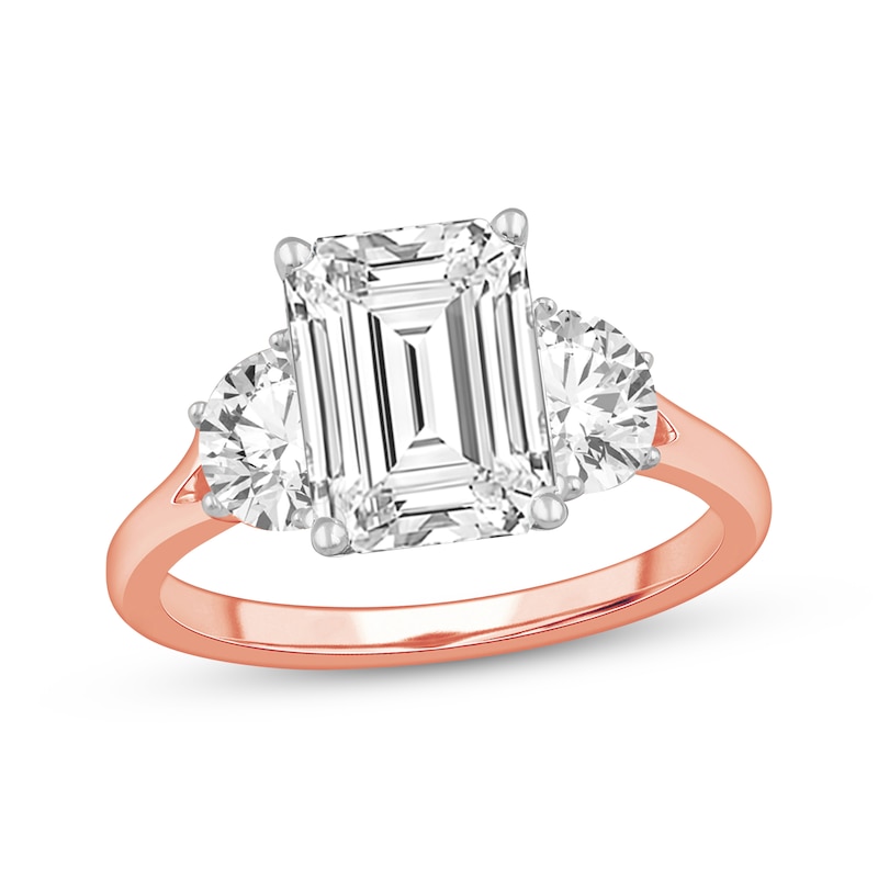 Main Image 1 of Memories Moments Magic Emerald-Cut Lab-Grown Diamond Three-Stone Engagement Ring 3-7/8 ct tw 14K Rose Gold