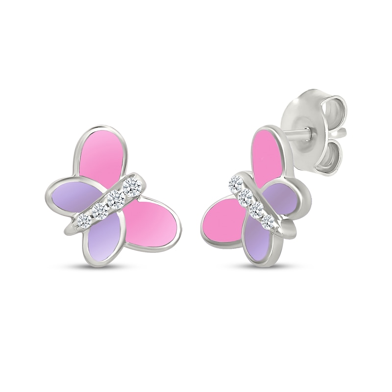 Main Image 1 of Diamond & Enamel Butterfly Stud Earrings 1/15 ct tw Sterling Silver