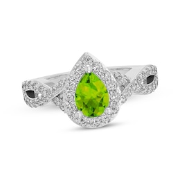 Pear-Shaped Peridot & White Lab-Created Sapphire Halo Ring Sterling Silver