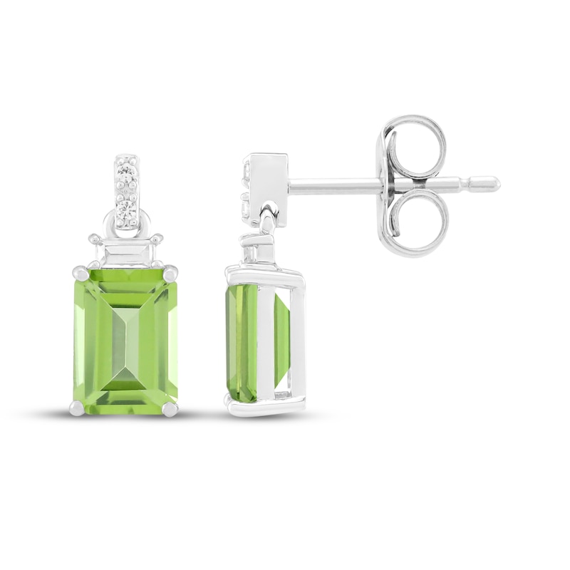 Main Image 3 of Emerald-Cut Peridot & White Lab-Created Sapphire Dangle Earrings Sterling Silver