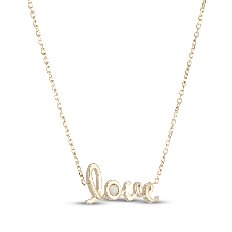 Main Image 2 of Lab-Created Opal "Love" Script Necklace 10K Yellow Gold 18"