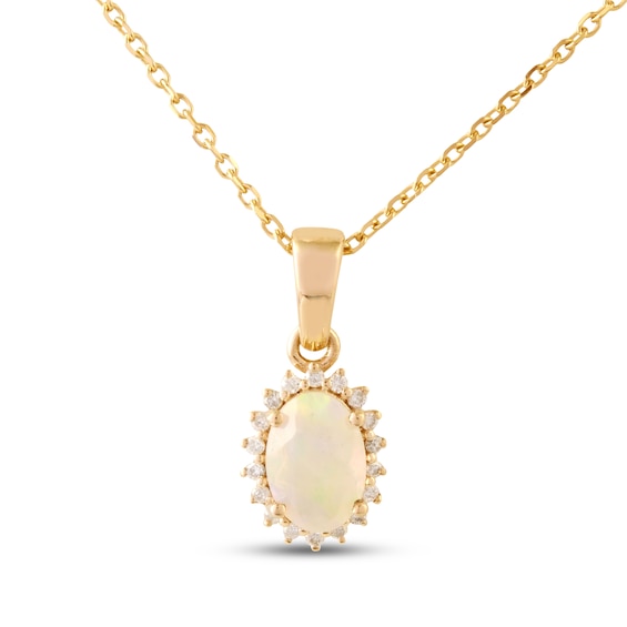 Oval-Cut Opal & Diamond Sunburst Halo Necklace 1/15 ct tw 10K Yellow Gold 18"