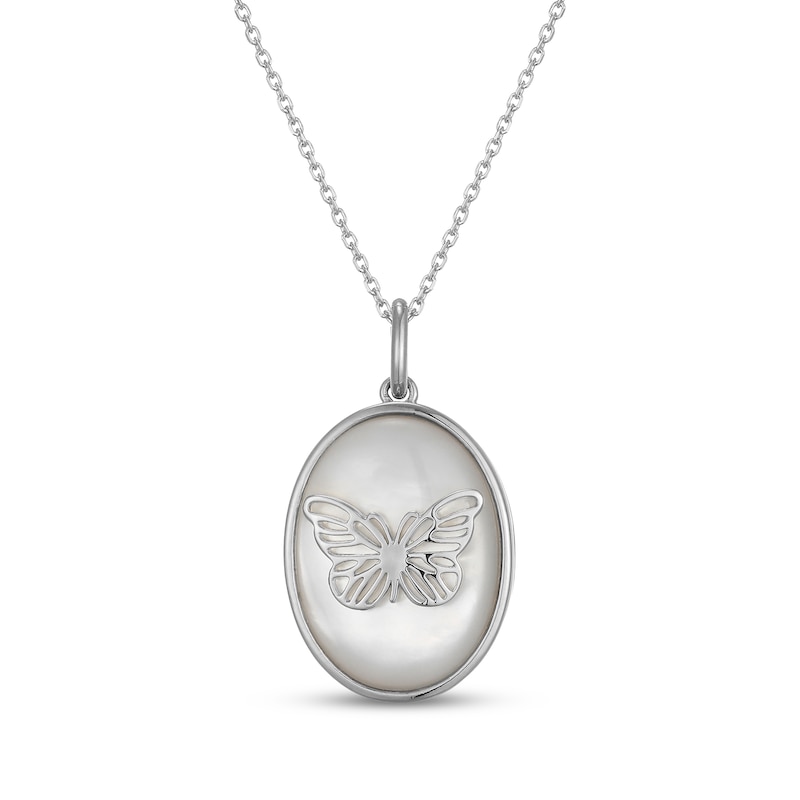 Main Image 1 of Mother-of-Pearl Butterfly Oval Locket Necklace Sterling Silver 18"