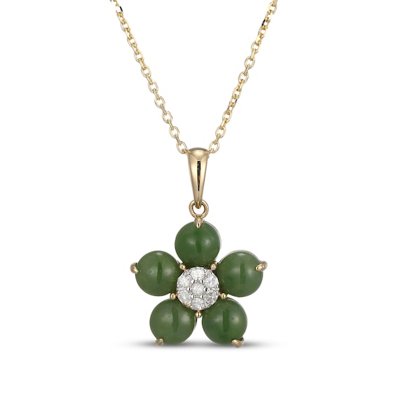 Nephrite Jade & Multi-Diamond Flower Necklace 1/10 ct tw 14K Yellow Gold 18"