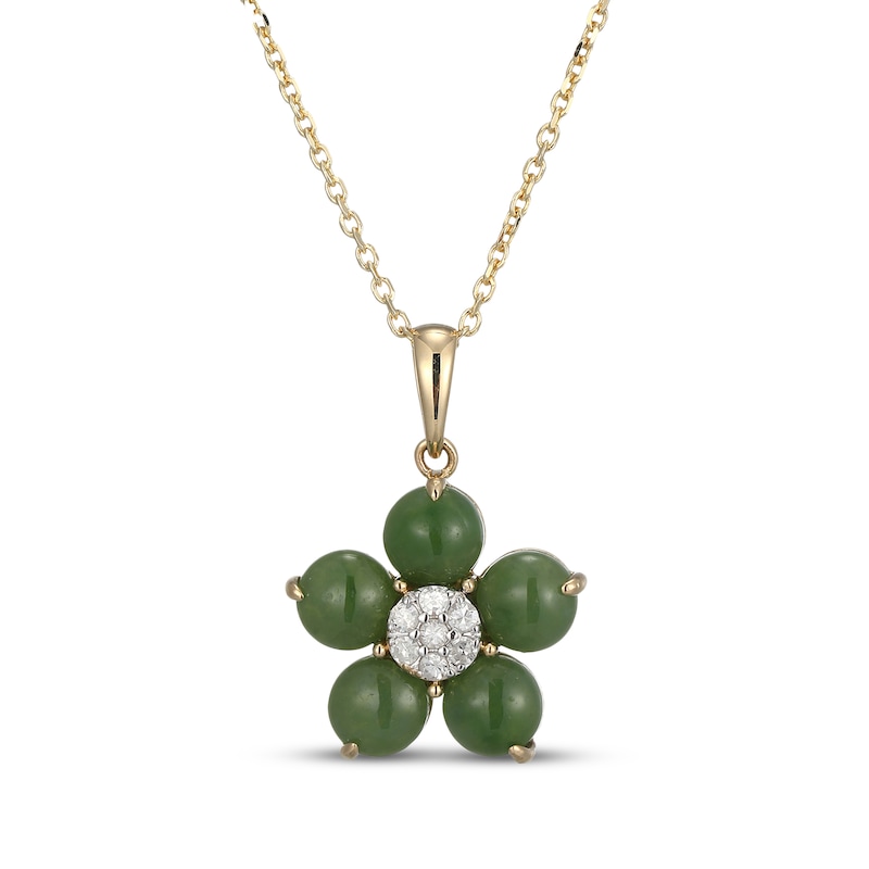 Main Image 1 of Nephrite Jade & Multi-Diamond Flower Necklace 1/10 ct tw 14K Yellow Gold 18"