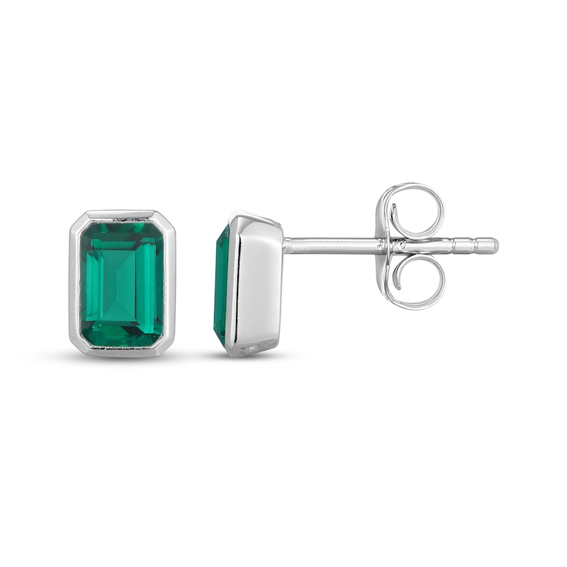 Main Image 3 of STUDIO BY KAY Emerald-Cut Lab-Created Emerald Bezel-Set Solitaire Stud Earrings Sterling Silver