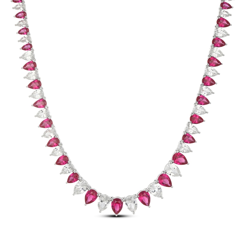 Main Image 1 of Pear-Shaped Lab-Created Ruby & White Lab-Created Sapphire Line Necklace Sterling Silver 18"