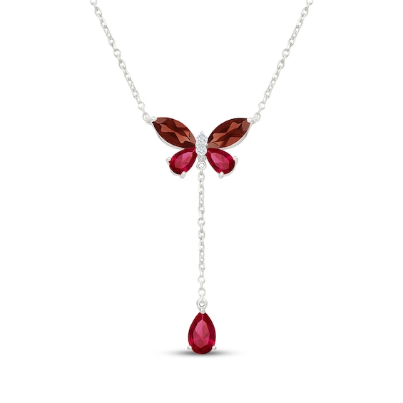 Garnet, Lab-Created Ruby & White Lab-Created Sapphire Butterfly Drop Necklace Sterling Silver 18"