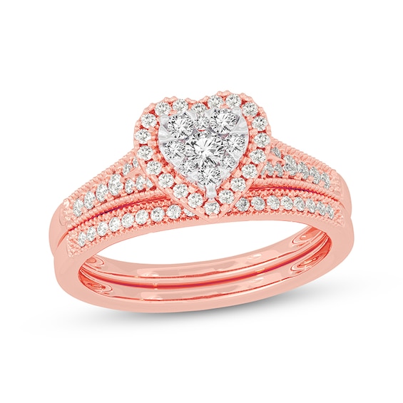 Now + Forever Round-Cut Multi-Diamond Center Heart-Frame Bridal Set 1/2 ct tw 10K Rose Gold