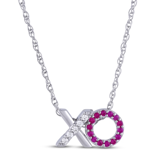 Lab-Created Ruby & White Lab-Created Sapphire "XO" Necklace Sterling Silver 18"