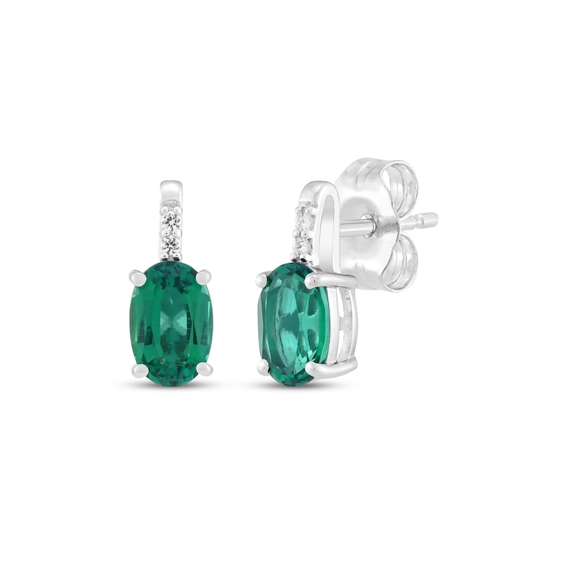 Main Image 1 of Oval-Cut Lab-Created Emerald & White Lab-Created Sapphire Stud Earrings Sterling Silver