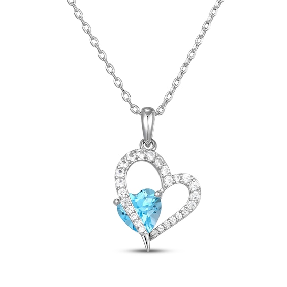 Heart-Shaped Natural Swiss Blue Topaz & White Lab-Created Sapphire Heart Necklace Sterling Silver 18"