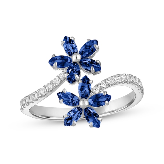 Marquise-Cut Blue Lab-Created Sapphire & White Lab-Created Sapphire Flower Bypass Ring Sterling Silver